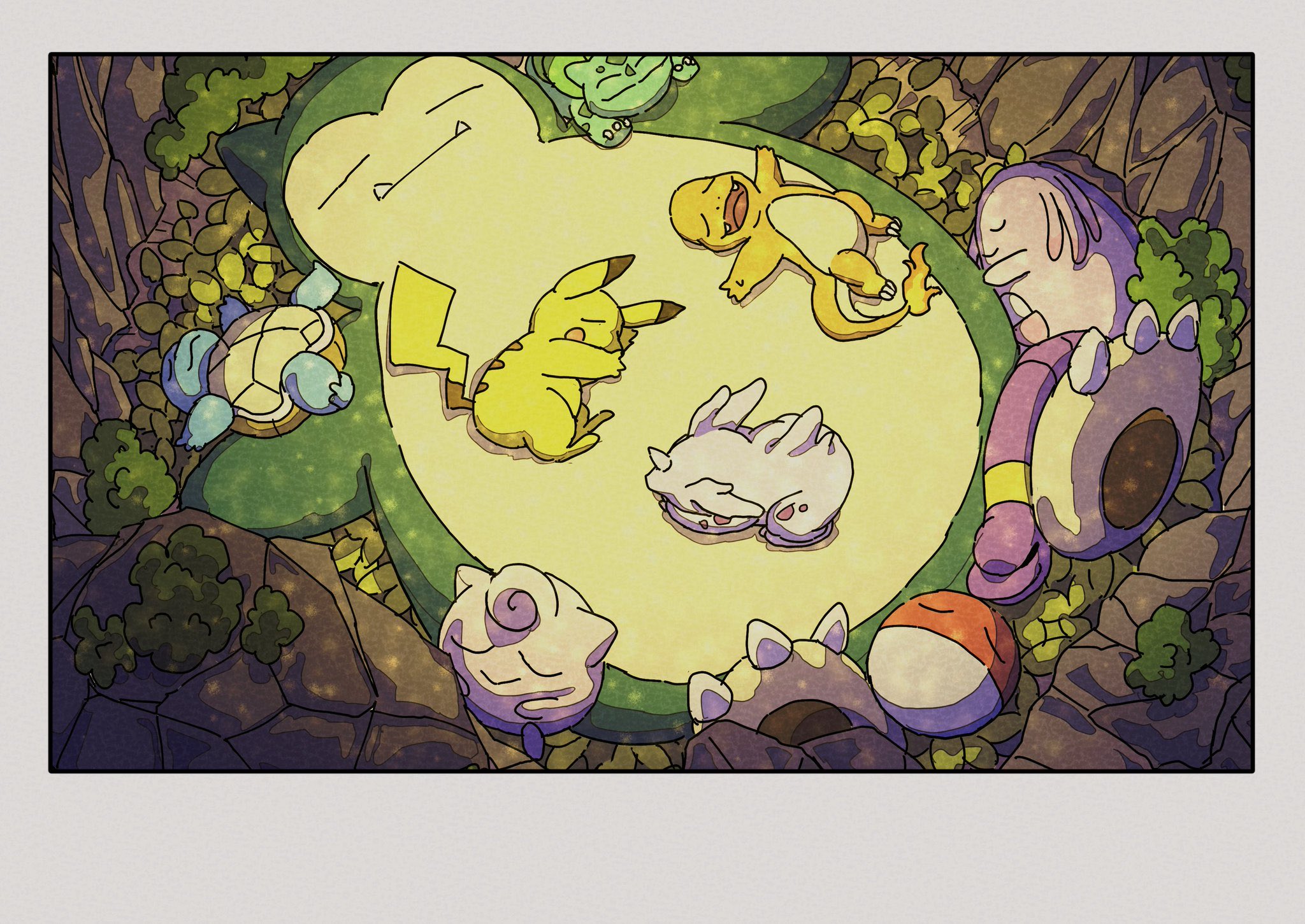 onamuzi illust, bulbasaur, chansey, charmander, ekans, jigglypuff, nidoran, nidoran (male), pikachu, snorlax, squirtle, voltorb, nintendo, pokemon, highres, animal focus, claws, closed eyes, closed mouth, fangs, fire, flame-tipped tail, gen 1 pokemon, holding, holding poke ball, lying, no humans, on back, on side, on stomach, open mouth, poke ball, pokemon (creature), pokemon focus, sleeping, smile, snake, tail