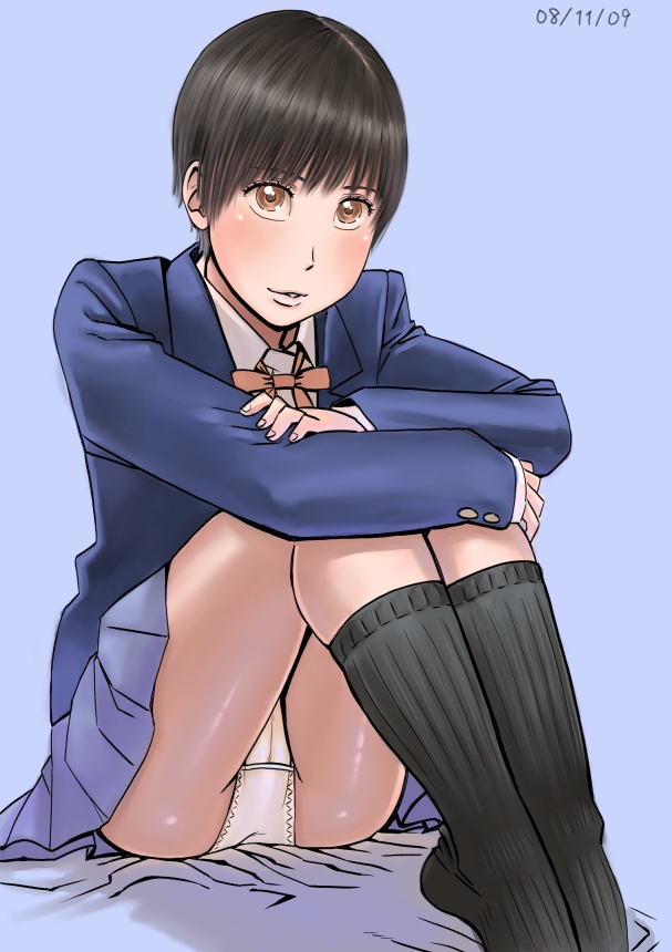 zenkou, ayumu (zenkou), original, 1girl, black hair, black socks, blazer, blue background, blue skirt, brown eyes, dated, female focus, jacket, knees up, looking at viewer, panties, pantyshot, parted lips, pleated skirt, school uniform, shiny skin, short hair, simple background, sitting, skirt, socks, solo, underwear, upskirt, white panties, yellow eyes