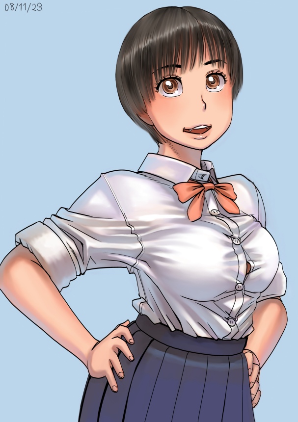 zenkou, ayumu (zenkou), original, 1girl, black hair, blue background, blue skirt, breasts, brown eyes, bursting breasts, cleavage, dated, female focus, hands on own hips, looking at viewer, open mouth, pleated skirt, school uniform, shirt, short hair, simple background, skirt, smile, solo, taut clothes, taut shirt, yellow eyes