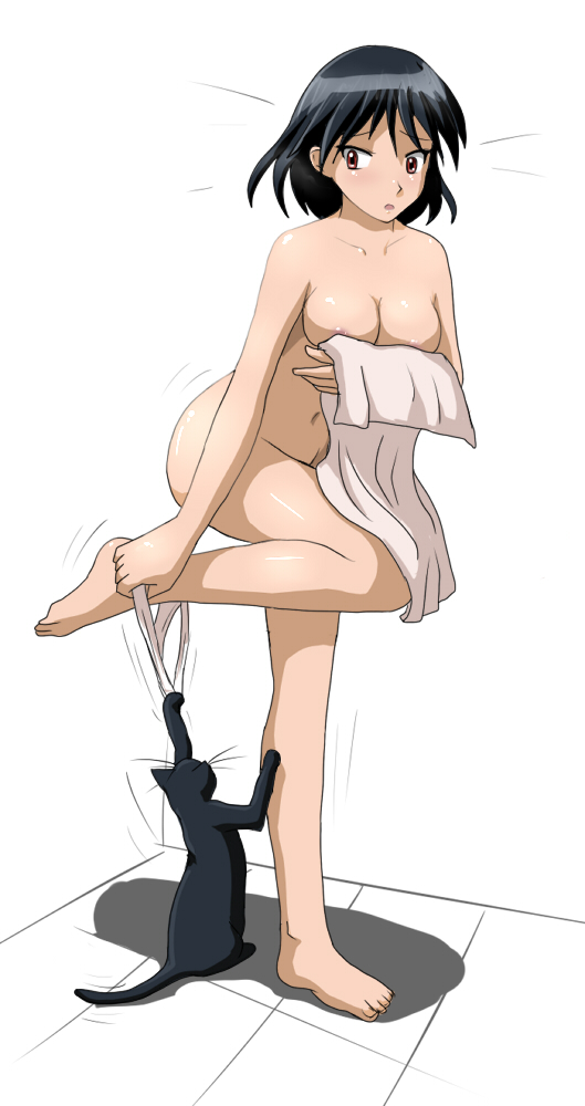 huyase, iori (school rumble), tsukamoto yakumo, school rumble, self-upload, 00s, 1girl, barefoot, bath, black cat, black hair, bob cut, breasts, cat, female focus, large breasts, legs, long legs, no bra, nude, panties, panty pull, short hair, solo, towel, underwear, undressing