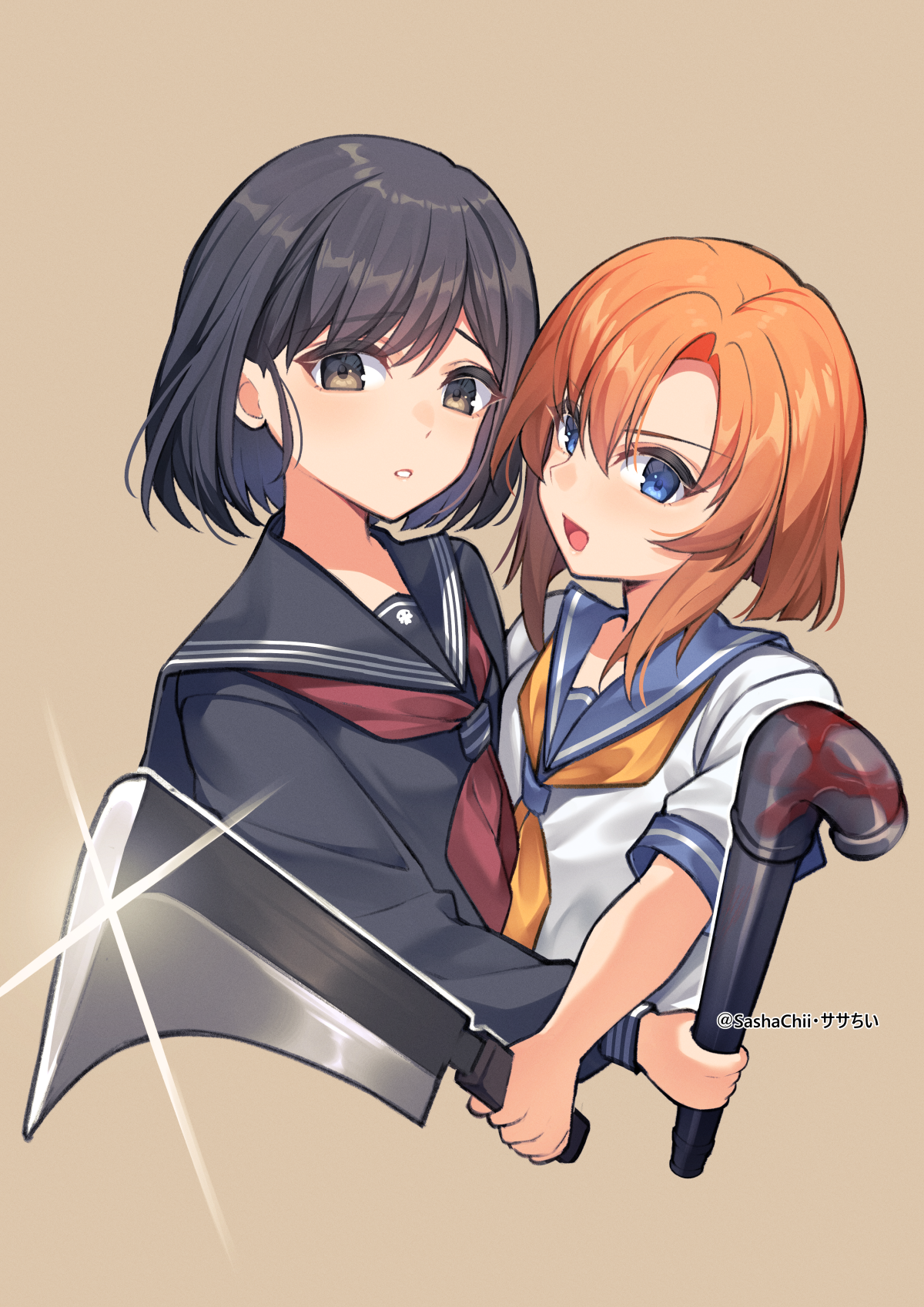 sasha chii, ryuuguu rena, shimizu hinako, higurashi no naku koro ni, silent hill (series), silent hill f, highres, 2girls, artist name, black hair, black serafuku, blood, blue eyes, holding, holding lead pipe, holding weapon, lead pipe, looking at viewer, multiple girls, nata (tool), neckerchief, orange hair, parted lips, red neckerchief, school uniform, serafuku, simple background, weapon, white serafuku