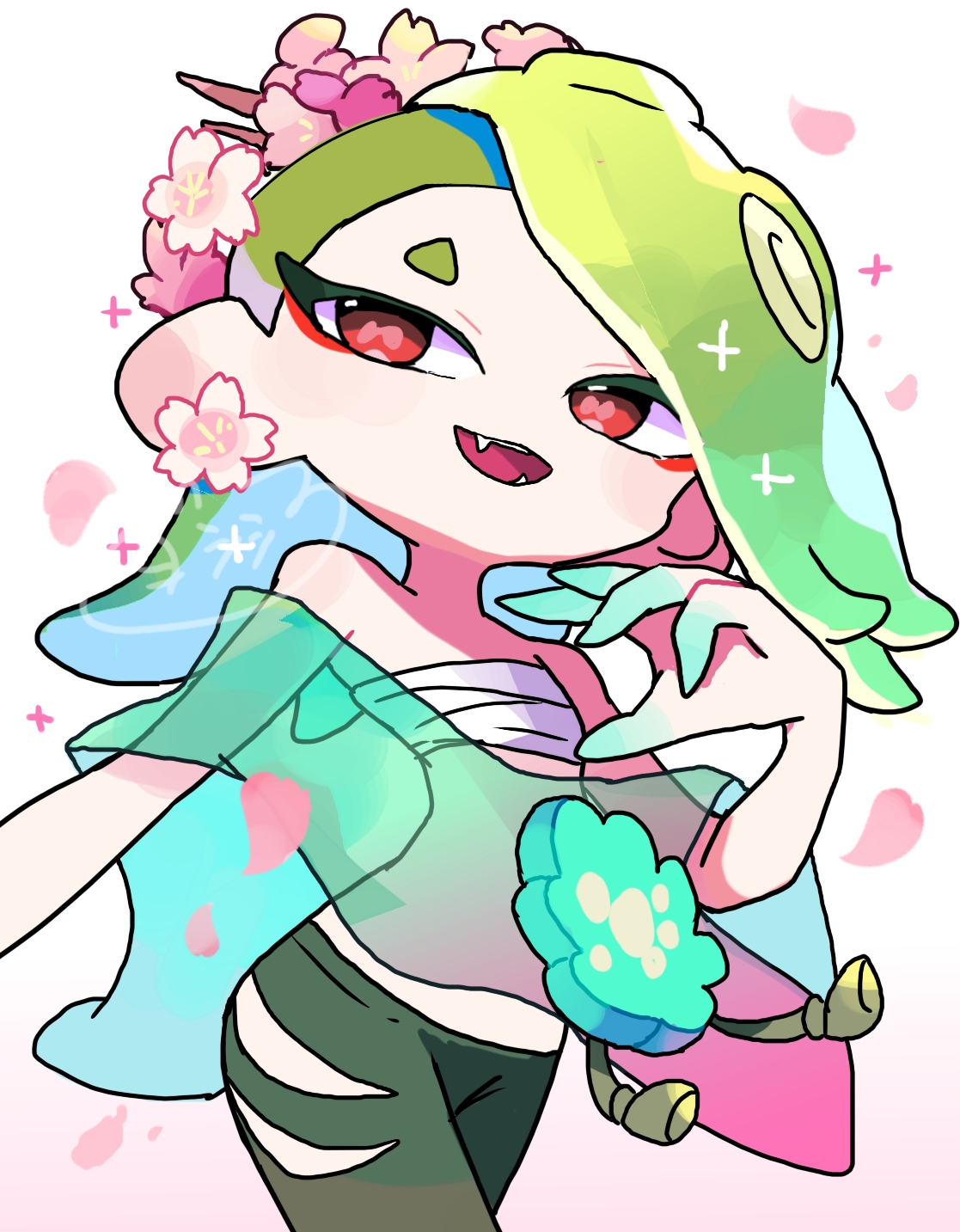 yoshishi (yosisitoho), shiver (splatoon), nintendo, splatoon (series), splatoon 3, highres, 1girl, cephalopod eyes, chest sarashi, earrings, flower, flower earrings, green hair, green pants, green shawl, hair over one eye, jewelry, long hair, looking at viewer, octoling, official alternate color, open mouth, pants, pink flower, pink petals, red eyes, sarashi, shawl, simple background, smile, solo, standing, suction cups, tentacle hair, upper body, white background
