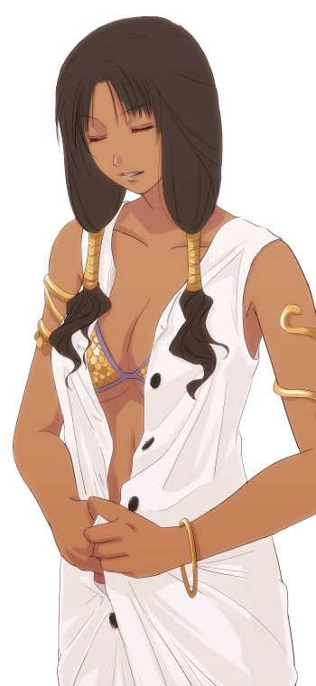 mr.romance, dancer (ragnarok online), ragnarok online, 1girl, brown hair, dark-skinned female, dark skin, female focus, indian, jewelry, lots of jewelry, open clothes, open shirt, shirt, solo