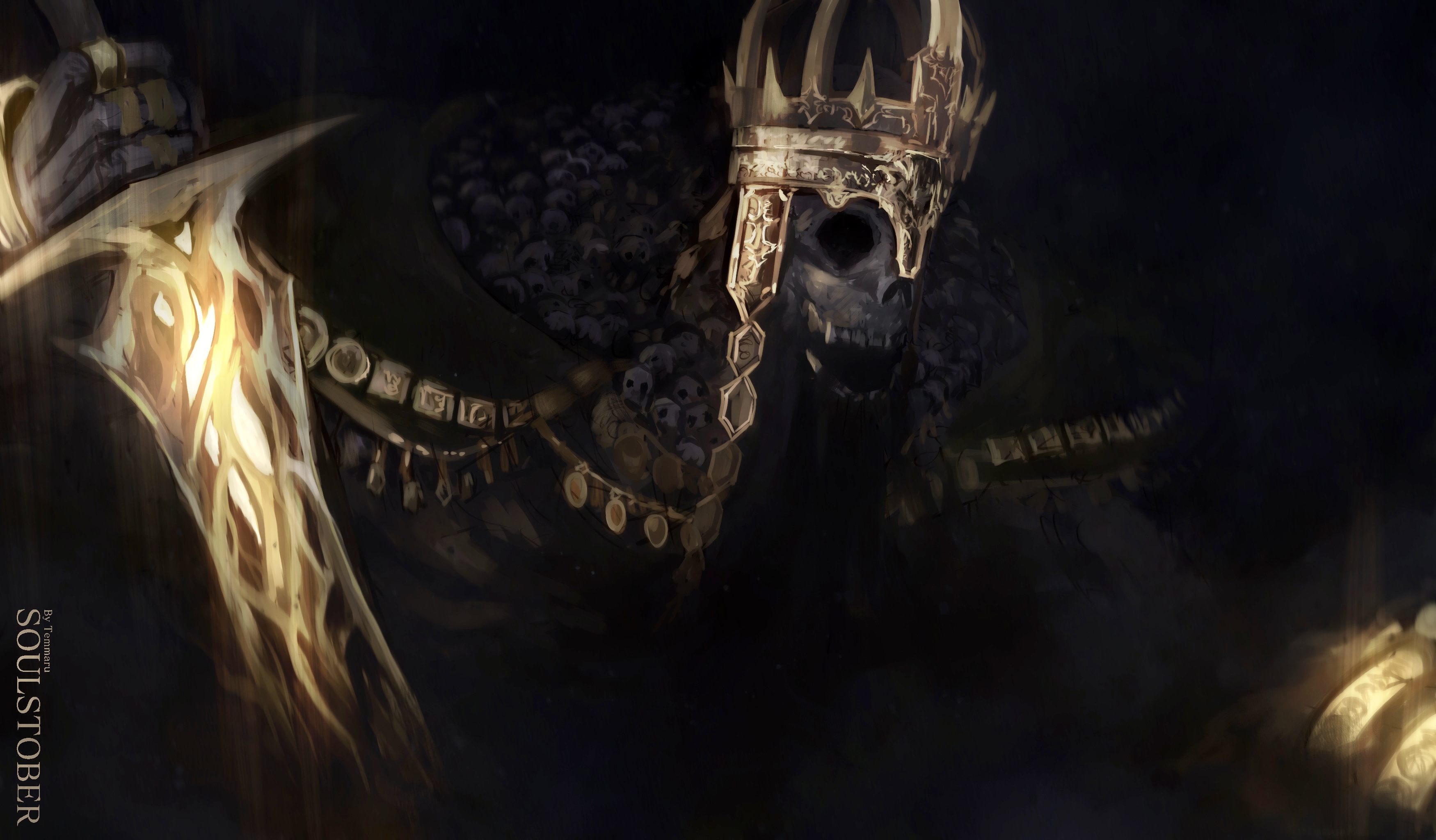 temmaru1, dark souls (series), dark souls iii, absurdres, commentary, commentary request, english commentary, highres, 1boy, bangle, bracelet, crown, gold, high lord wolnir, jewelry, male focus, multiple rings, open mouth, ring, skeleton, skull, solo, undead, upper body
