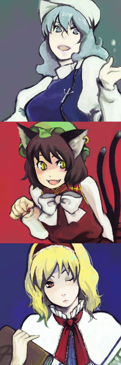 asagi657, asakura noi, alice margatroid, chen, letty whiterock, touhou, bad id, bad pixiv id, highres, long image, tall image, 3girls, animal ears, blonde hair, blue hair, book, brown hair, cat ears, cat girl, cat tail, earrings, fang, female focus, hat, jewelry, multiple girls, multiple tails, pinky out, red eyes, short hair, tail, yellow eyes