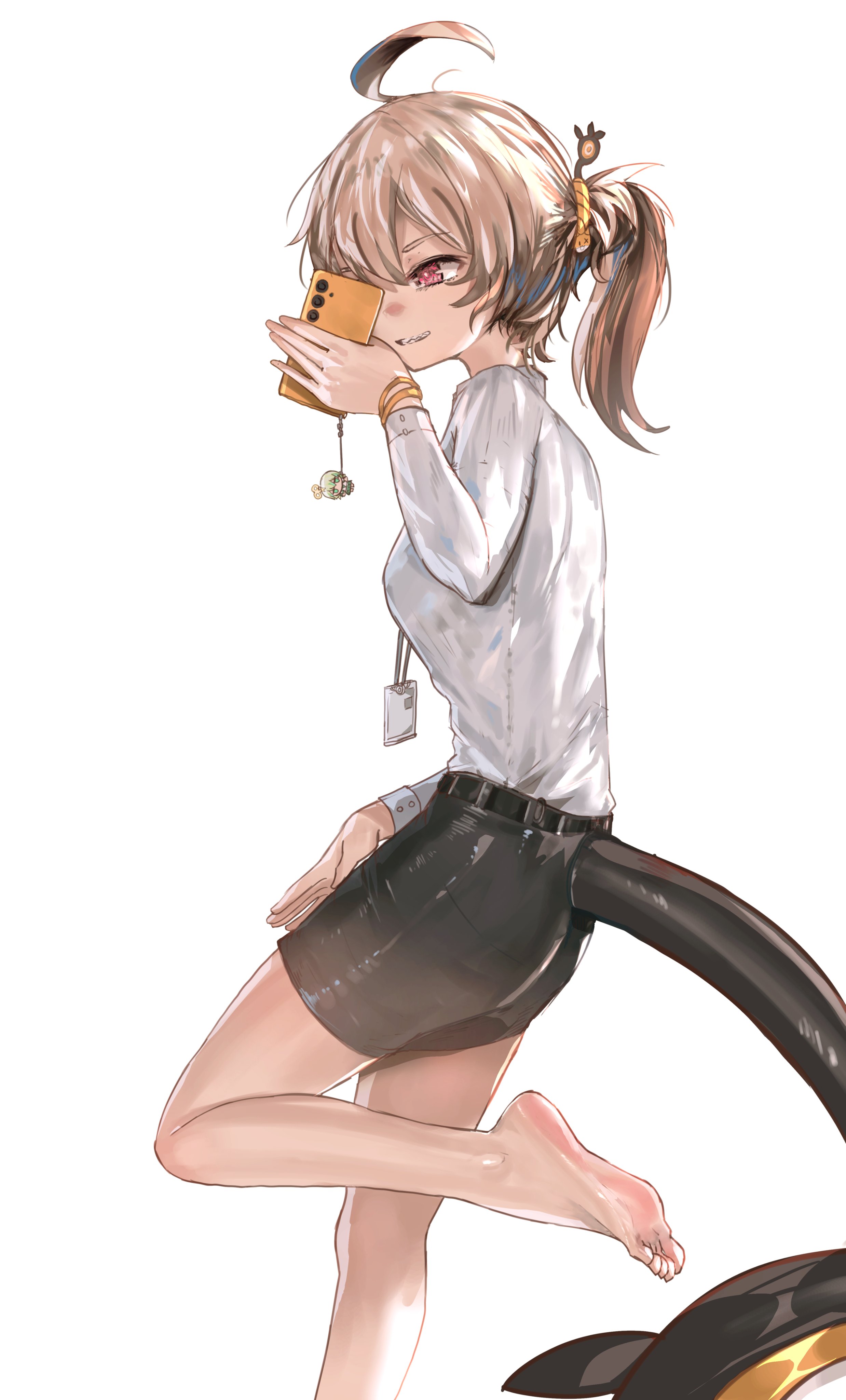 advarcher, cecilia immergreen, gigi murin, hololive, hololive english, absurdres, highres, 1girl, ahoge, barefoot, black skirt, blonde hair, breasts, brown hair, character charm, charm (object), clothing cutout, feet, holding, holding phone, id card, lanyard, long sleeves, multicolored hair, office lady, phone, pink eyes, selfie, shirt, side ponytail, simple background, skirt, small breasts, solo, tail, tail through clothes, two-tone hair, virtual youtuber, white background, white shirt