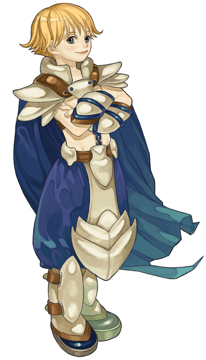 asgard, nexon, artist request, official art, second-party source, 1boy, arm guards, armor, baggy pants, belt, blonde hair, blue eyes, blue pants, blue shoes, brown belt, chained wrists, closed mouth, crossed arms, fingerless gloves, full body, gloves, greaves, impasto, lips, looking at viewer, male focus, pants, shoes, short hair, simple background, smile, solo, white background, wide mouth