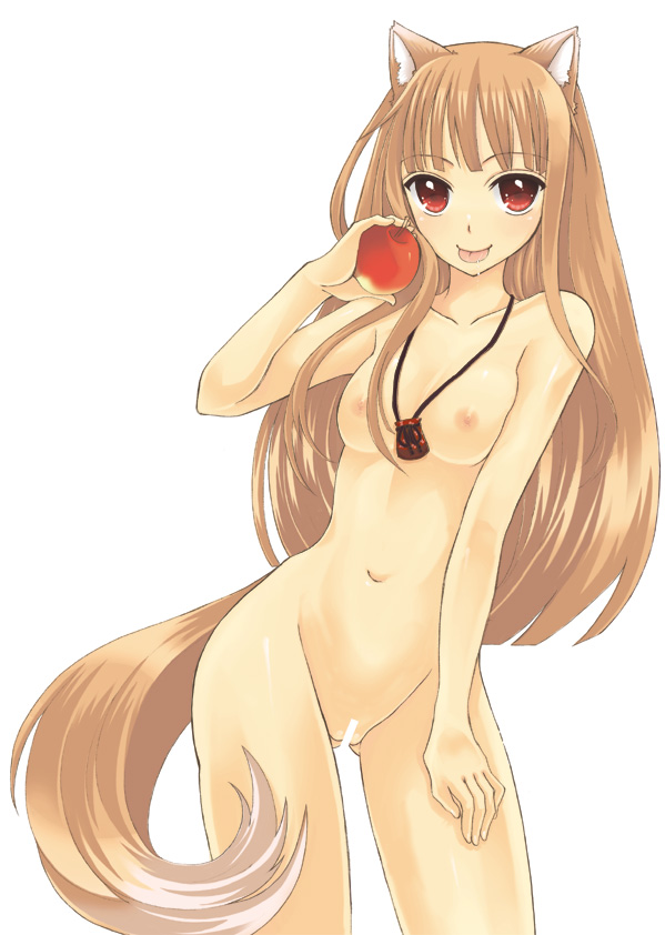 sakurai unan, holo, spice and wolf, bad id, bad pixiv id, 00s, 1girl, :p, animal ears, apple, breasts, brown hair, censored, female focus, food, fruit, holding, holding food, holding fruit, long hair, navel, nipples, nude, red eyes, solo, tail, tongue, tongue out, wolf ears, wolf tail