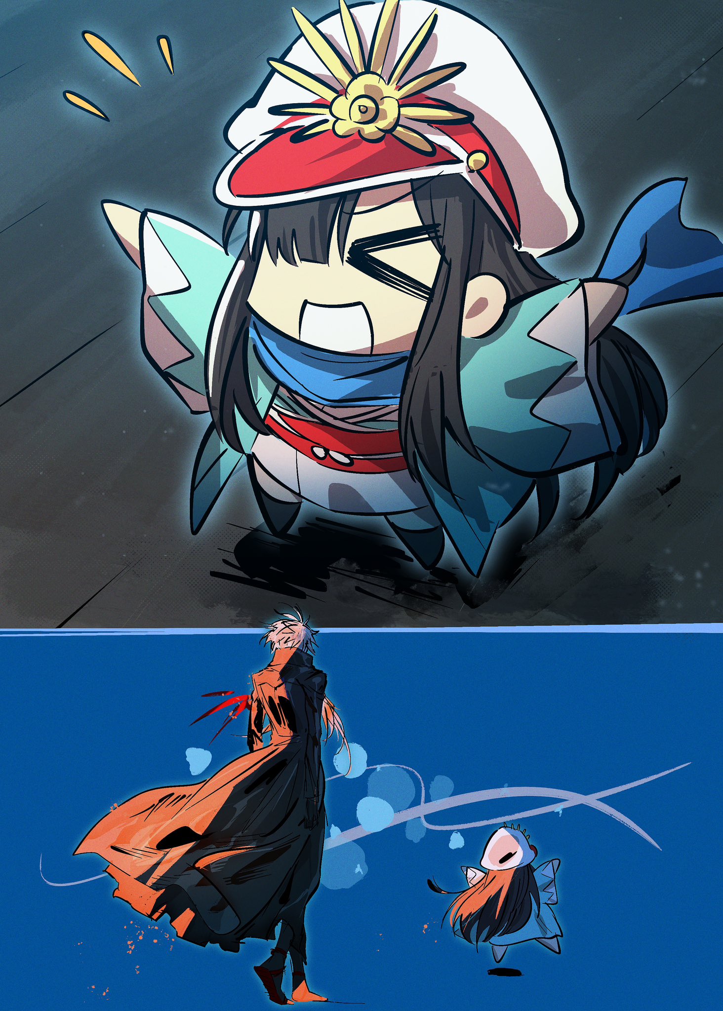 onohino, mini nobu (fate), oda nobunaga (fate), fate/grand order, fate (series), highres, 1boy, 1girl, black hair, coat, crest, family crest, haori, hat, japanese clothes, keikenchi (style), kondou isami (fate), kondou isami (first ascension) (fate), long hair, male focus, military hat, multicolored hair, oda uri, peaked cap, shinsengumi, solo, white hair