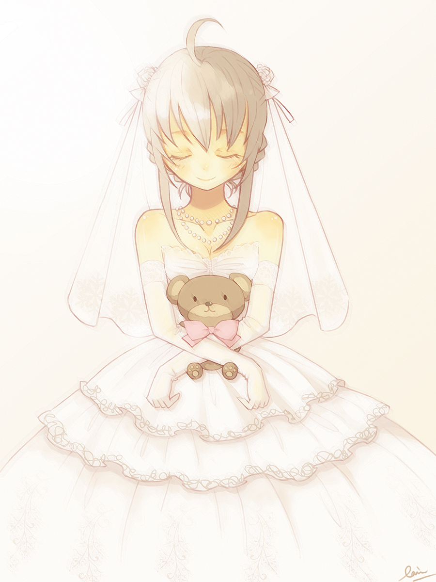 domotolain, bad id, bad pixiv id, highres, ahoge, bride, closed eyes, dress, elbow gloves, gloves, jewelry, necklace, solo, stuffed animal, stuffed toy, teddy bear, wedding dress