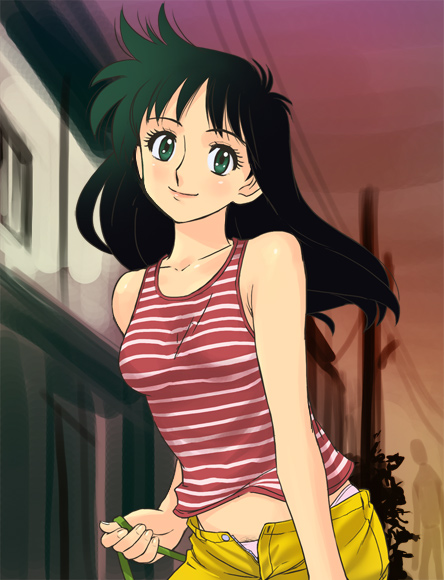 haruyama kazunori, kurokami miru, nanka youkai, 1girl, black hair, eyelashes, female focus, female pubic hair, gradient hair, green eyes, green hair, head tilt, long hair, looking at viewer, matching hair/eyes, midriff, multicolored hair, open fly, outdoors, panties, pink panties, pubic hair, pubic hair peek, shirt, sleeveless, smile, solo, striped clothes, striped shirt, sunset, tank top, underwear, unzipped, upper body