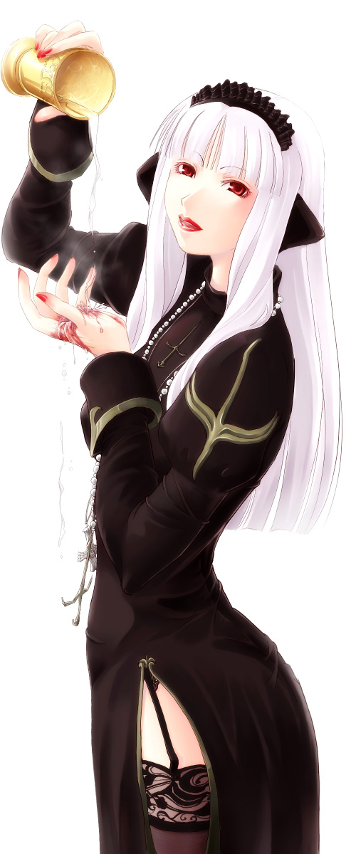 mr.romance, priest (ragnarok online), whitemaria, ragnarok online, lace-trimmed legwear, highres, animal ears, cup, from side, garter straps, injury, lace, lace trim, long hair, priest, priestess, solo, water, white hair