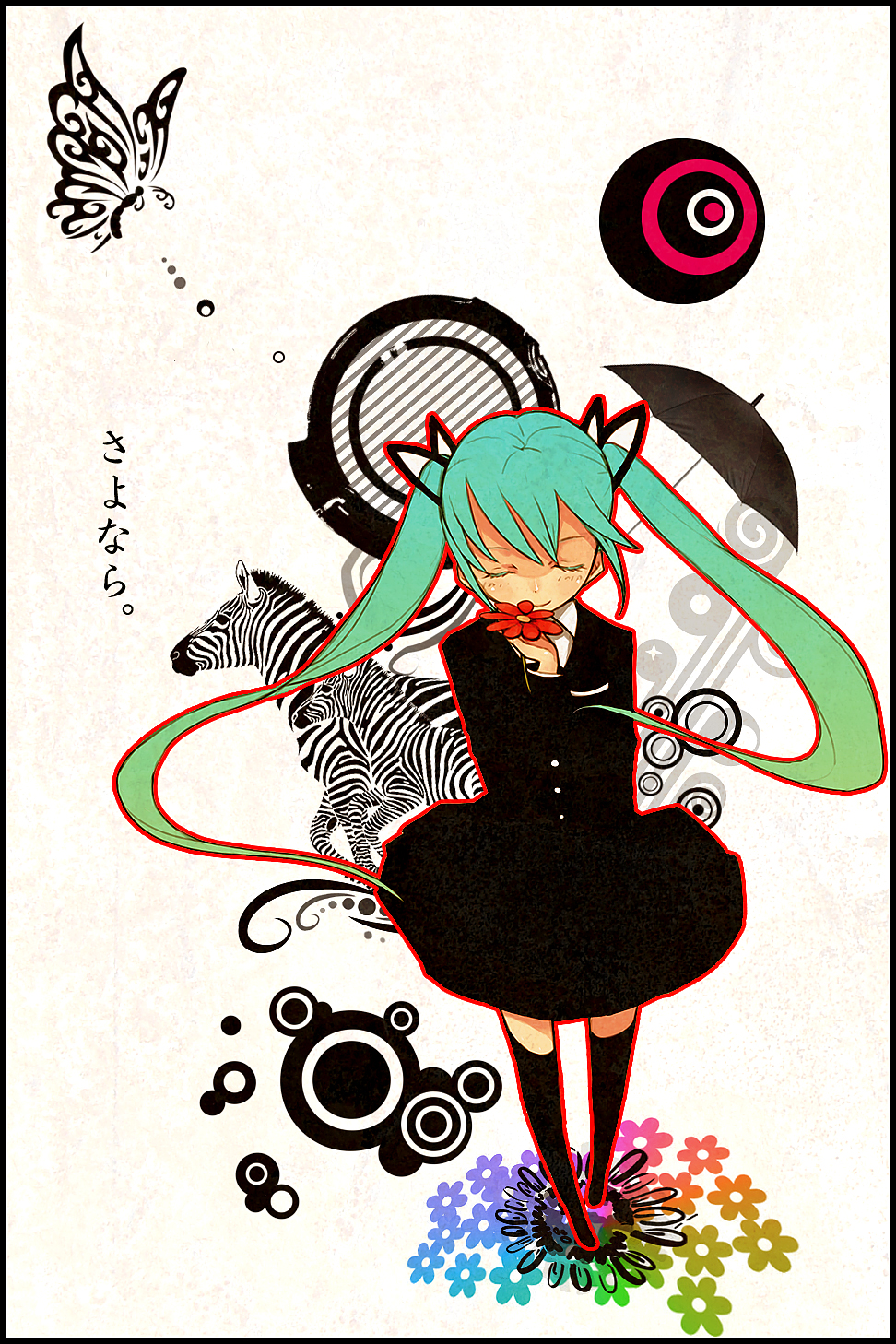 domotolain, hatsune miku, hatsune miku (saihate), vocaloid, beige background, striped, highres, 1girl, alternate costume, animal, aqua hair, black thighhighs, blush, bug, butterfly, buttons, circle, closed eyes, collared shirt, colored eyelashes, concentric circles, female focus, flower, full body, holding, holding flower, horse, insect, legs apart, long hair, long sleeves, pocket, rainbow gradient, red flower, shirt, solo, standing, thighhighs, twintails, umbrella, white shirt, zebra