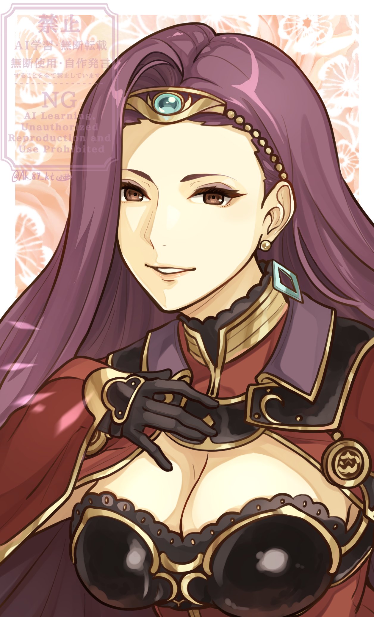 ak 87 kt, sonya (fire emblem gaiden), fire emblem, fire emblem echoes: shadows of valentia, nintendo, highres, 1girl, black gloves, breasts, cape, circlet, cleavage, cleavage cutout, clothing cutout, diamond earrings, dress, earrings, eyeshadow, gloves, jewelry, large breasts, long hair, looking at viewer, makeup, open mouth, parted lips, purple eyes, purple eyeshadow, purple hair, red dress, smile, solo, upper body
