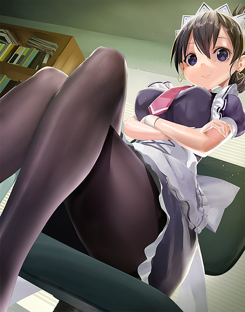 finfia, arato nagi, ruri no houseki, commentary, 1girl, alternate costume, apron, back bow, black dress, black hair, black pantyhose, blue eyes, bow, chair, closed mouth, crossed arms, crossed legs, dress, dutch angle, earrings, enmaided, feet out of frame, folded ponytail, frilled apron, frilled dress, frills, heart, heart earrings, indoors, jewelry, legs, looking at viewer, maid, maid headdress, necktie, office, office chair, on chair, pantyhose, puffy short sleeves, puffy sleeves, red necktie, short dress, short hair, short sleeves, sitting, smile, solo, swivel chair, white apron, white bow, window blinds