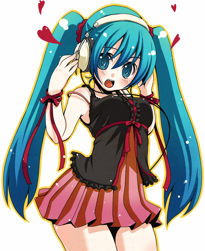 yuki (pixiv), yukiu con, hatsune miku, vocaloid, aqua eyes, aqua hair, blush, dress, fang, headphones, long hair, open mouth, ribbon, solo, twintails