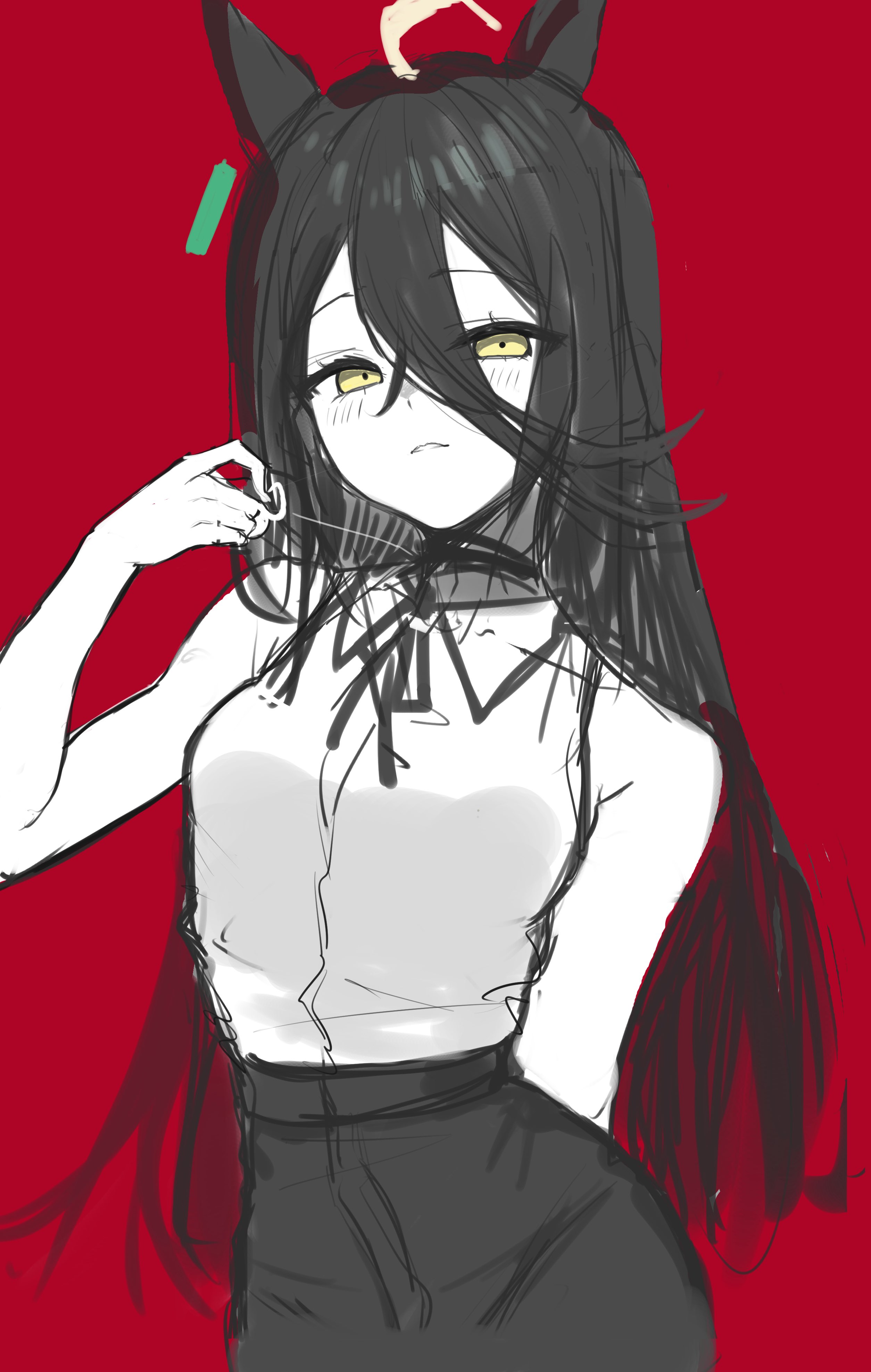 amasa (ama sa3), manhattan cafe (umamusume), reze (chainsaw man), chainsaw man, umamusume, absurdres, highres, 1girl, animal ears, collared shirt, cosplay, ear tag, hair between eyes, horse ears, horse girl, long hair, long hair between eyes, neck ribbon, partially colored, red background, reze (chainsaw man) (cosplay), ribbon, shirt, shirt tucked in, simple background, sleeveless, sleeveless shirt, solo, yellow eyes