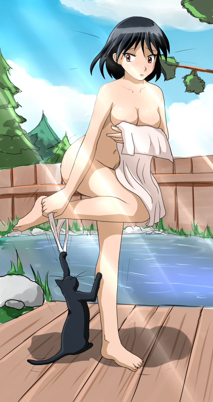 huyase, iori (school rumble), tsukamoto yakumo, school rumble, highres, 00s, 1girl, barefoot, black cat, black hair, bob cut, breasts, cat, cloud, large breasts, no bra, nude, onsen, outdoors, panties, short hair, sky, towel, tree, underwear, undressing