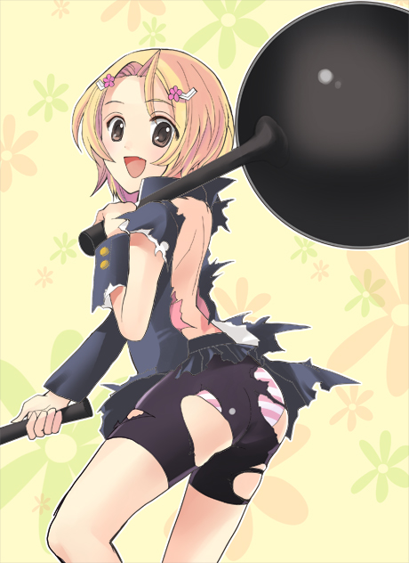 otabe sakura, kongou banchou, bike shorts, blonde hair, brown eyes, dual wielding, gouriki banchou, hair ornament, hairclip, holding, panties, solo, striped clothes, striped panties, torn clothes, underwear