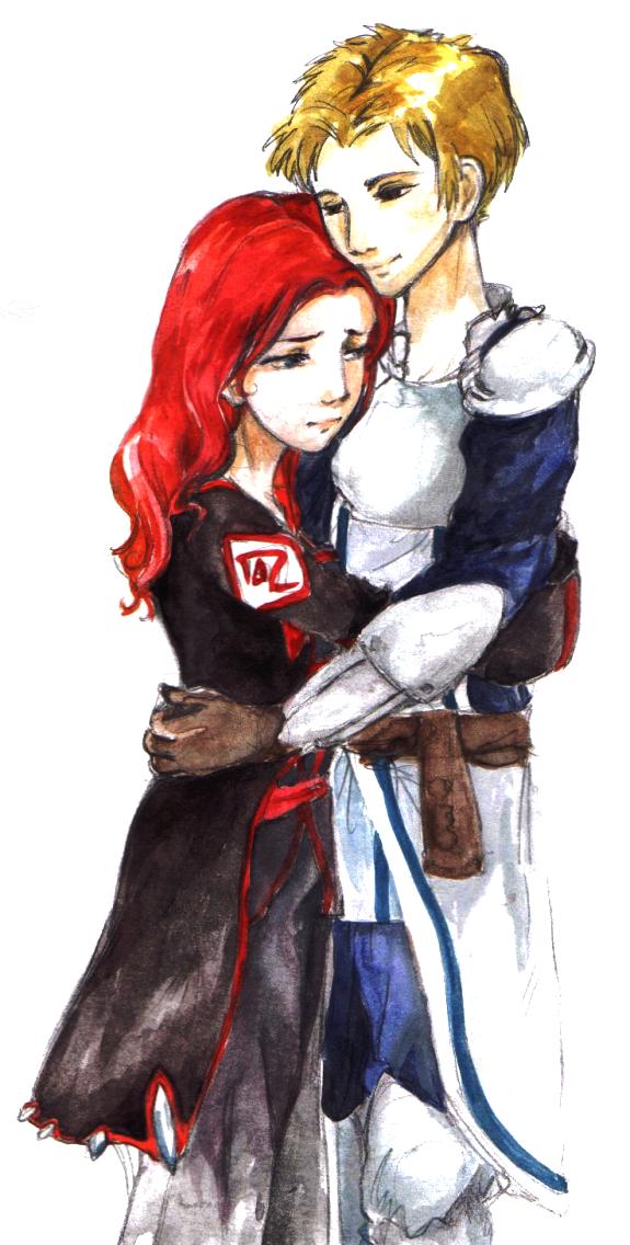 project bc, auria edith, rayonne de bellemont, vacant sky, uniform, painting (medium), traditional media, watercolor (medium), 1boy, 1girl, armor, blonde hair, blue eyes, hetero, hug, long hair, red hair, virad