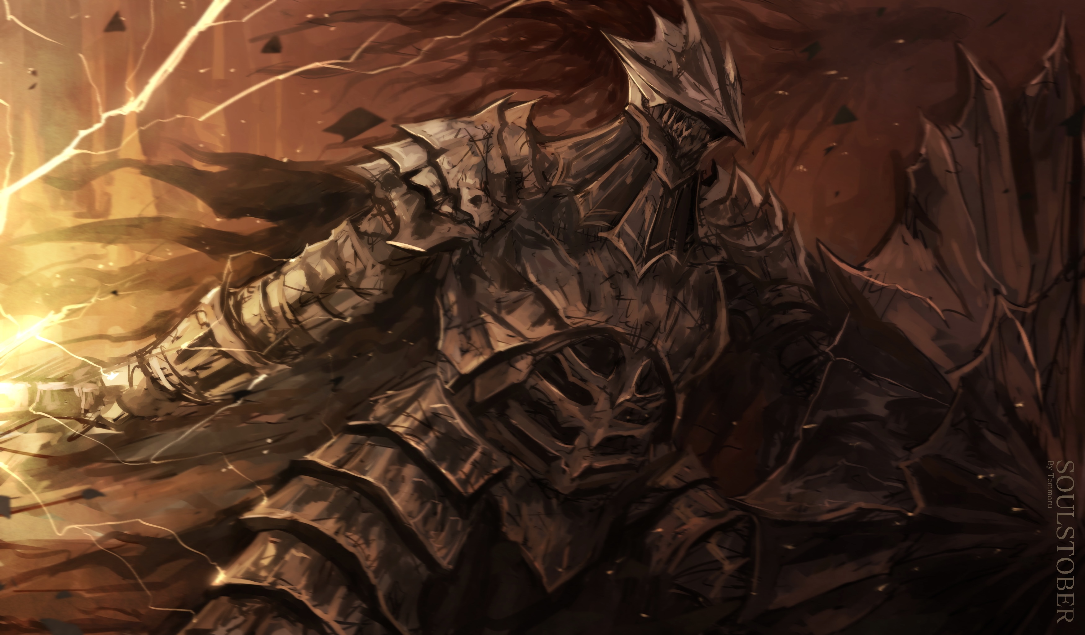 temmaru1, dragonslayer armour, dark souls (series), dark souls iii, absurdres, commentary, english commentary, highres, armor, breastplate, brown background, cowboy shot, faulds, full armor, gauntlets, holding, holding shield, lightning, living armor, no humans, pauldrons, shield, shoulder armor