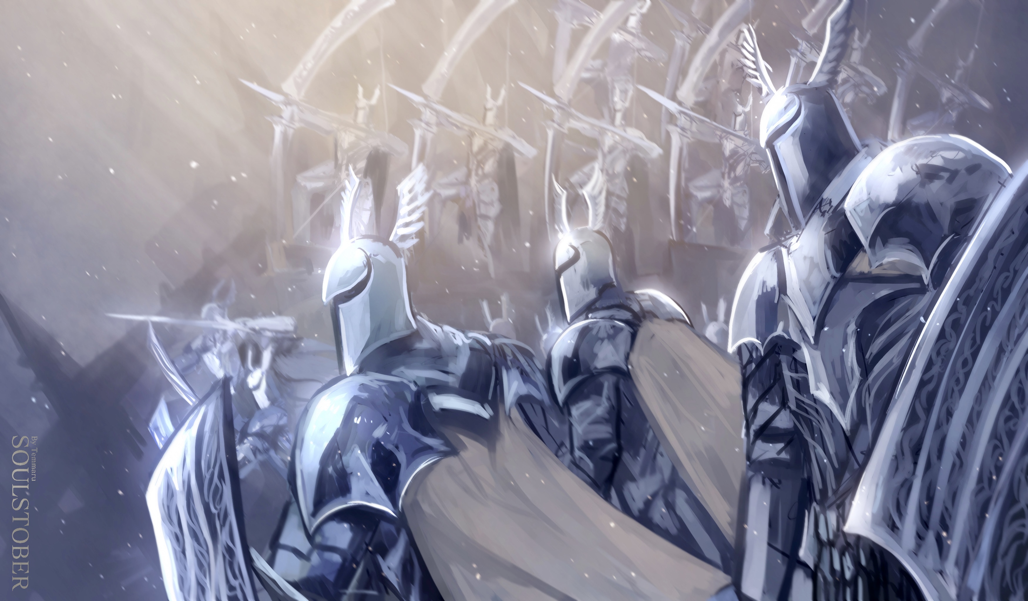 temmaru1, silver knight (dark souls), dark souls (series), dark souls iii, absurdres, commentary, english commentary, highres, 6+others, ambiguous gender, armor, arrow (projectile), bow (weapon), breastplate, cape, drawing bow, grey cape, helm, helmet, holding, holding bow (weapon), holding shield, holding weapon, knight, multiple others, other focus, pauldrons, shield, shoulder armor, snowing, upper body, weapon