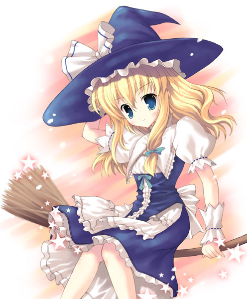 yatano, kirisame marisa, touhou, 1girl, blonde hair, blue eyes, broom, broom riding, female focus, hat, sidesaddle, solo, witch, witch hat