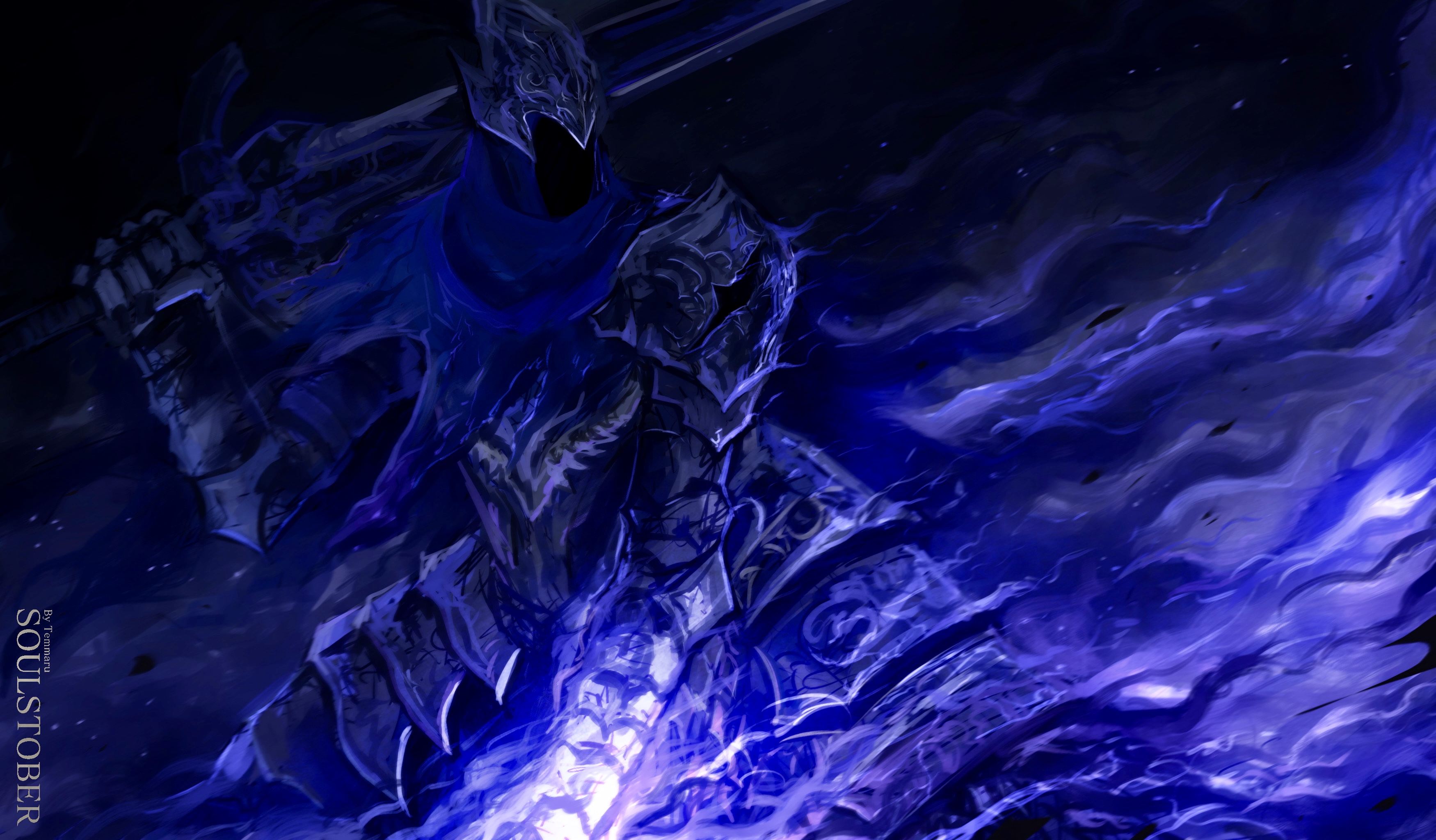 temmaru1, artorias the abysswalker, dark souls (series), dark souls i, absurdres, commentary, english commentary, highres, 1boy, armor, blue cape, breastplate, cape, cowboy shot, faulds, fire, full armor, gauntlets, helm, helmet, holding, holding sword, holding weapon, knight, male focus, pauldrons, purple fire, shoulder armor, solo, sword, weapon