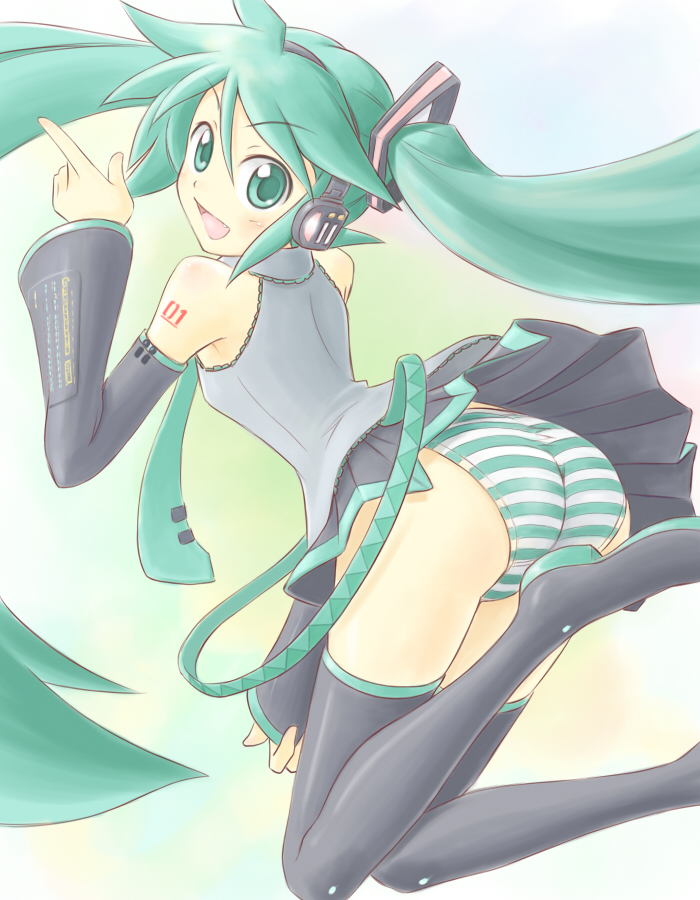 satogo, hatsune miku, vocaloid, bad id, bad pixiv id, 1girl, aqua hair, ass, detached sleeves, female focus, panties, pantyshot, solo, striped clothes, striped panties, thighhighs, twintails, underwear, wind, wind lift