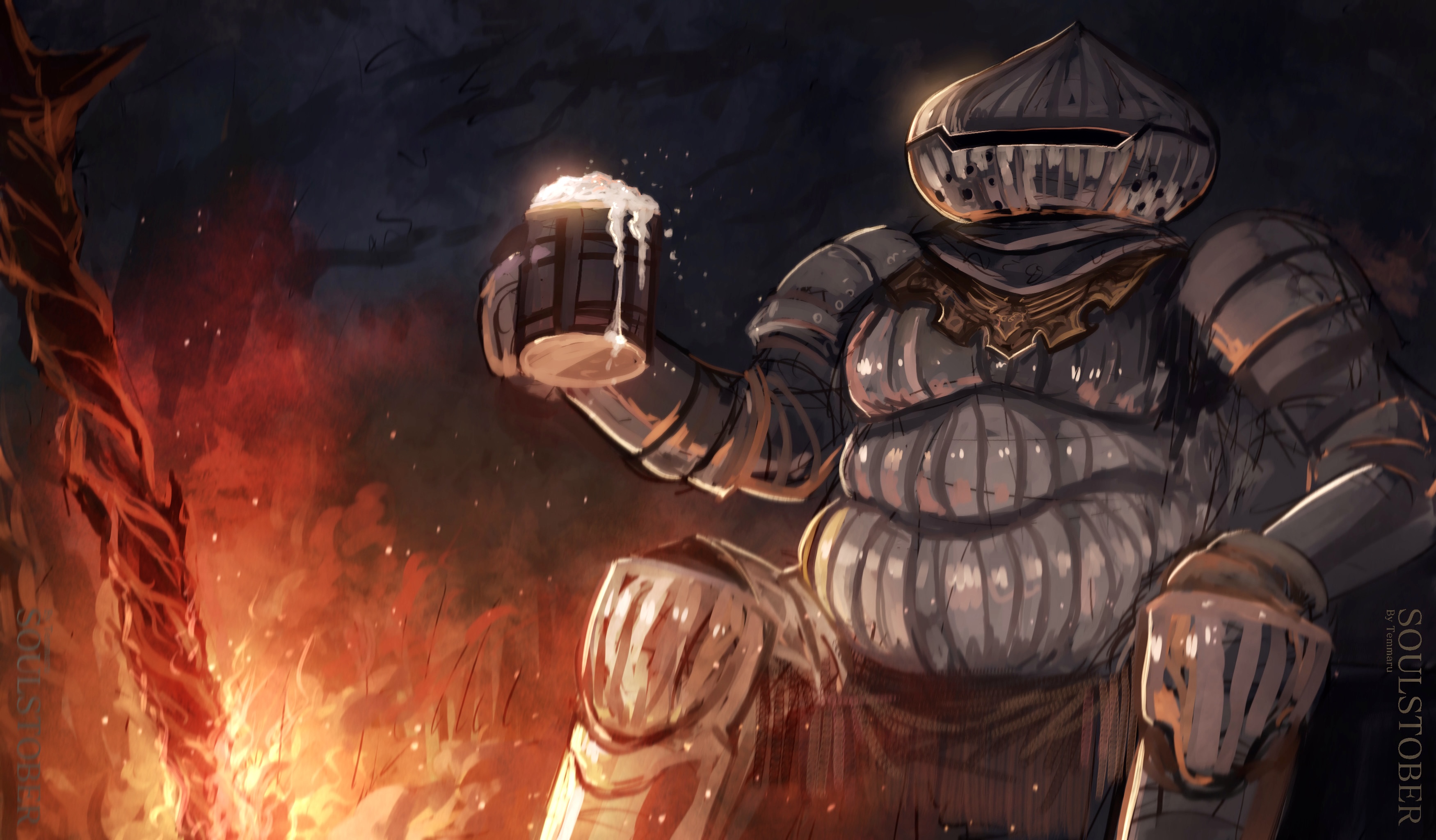temmaru1, siegward of catarina, dark souls (series), dark souls iii, absurdres, commentary, english commentary, highres, 1boy, alcohol, armor, armored boots, beer, bonfire (dark souls), boots, cup, feet out of frame, fire, full armor, helmet, holding, holding cup, knight, male focus, mug, sitting, solo, sword, weapon