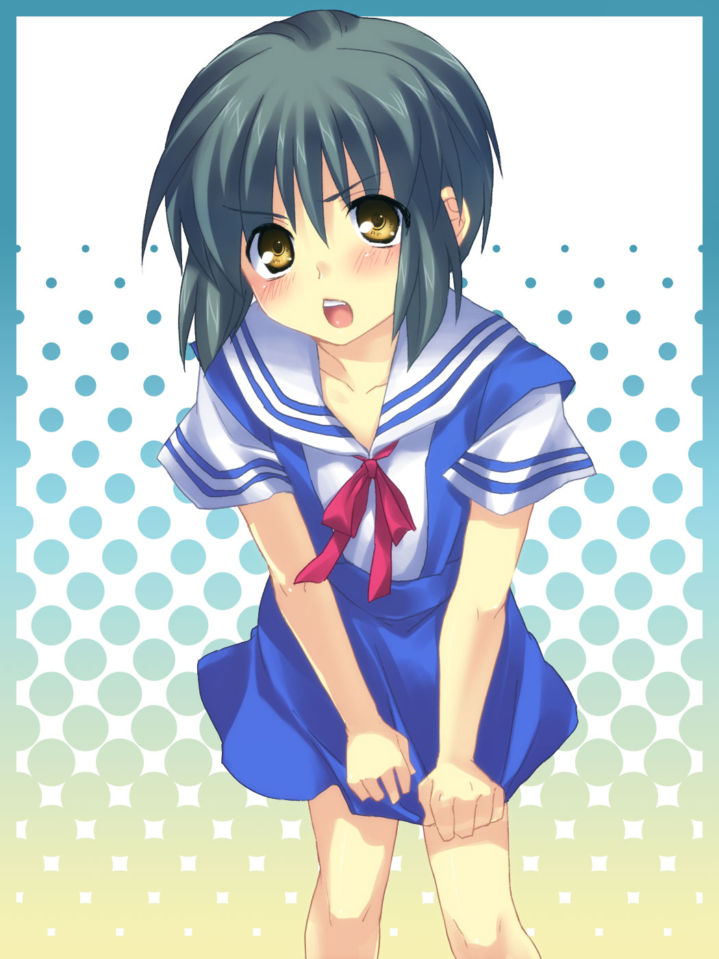 satomi yoshitaka, ibuki fuuko, ibuki fuutarou, clannad, highres, 00s, 1boy, blush, crossdressing, crossdressing (mtf), genderswap, genderswap (ftm), green hair, male focus, school uniform, short hair, solo, trap, yellow eyes