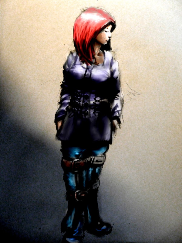 project bc, auria edith, vacant sky, 1girl, belt, female focus, gothic lolita, lolita fashion, long hair, pale skin, red hair, solo