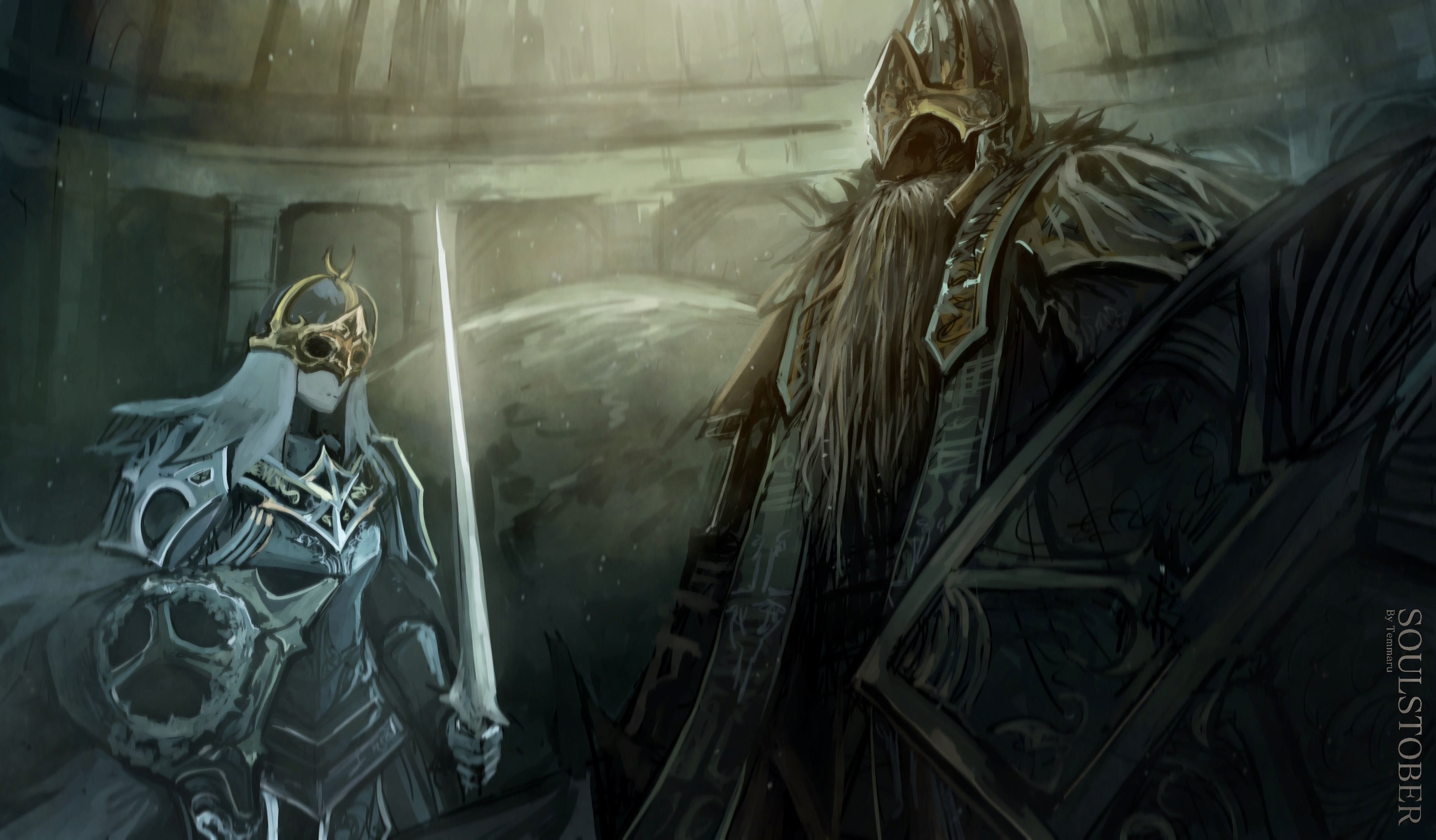 temmaru1, dark souls (series), dark souls ii, absurdres, commentary, english commentary, highres, 1boy, 1girl, armor, beard, breastplate, closed mouth, cowboy shot, expressionless, facial hair, grey hair, helmet, holding, holding shield, holding sword, holding weapon, indoors, long hair, pauldrons, shield, shoulder armor, sword, throne defender, throne watcher, weapon