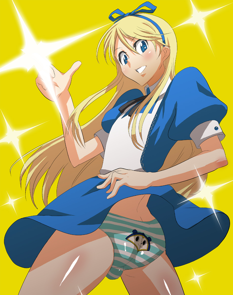 ippo, alice (alice in wonderland), kuma (persona 4), alice's adventures in wonderland, atlus, persona, persona 4, 1boy, alice (alice in wonderland) (cosplay), animal print, ass, bear panties, bear print, blonde hair, blue eyes, bulge, cosplay, crossdressing, crossdressing (mtf), male focus, panties, print panties, solo, striped clothes, striped panties, trap, underwear, upskirt, wind, wind lift