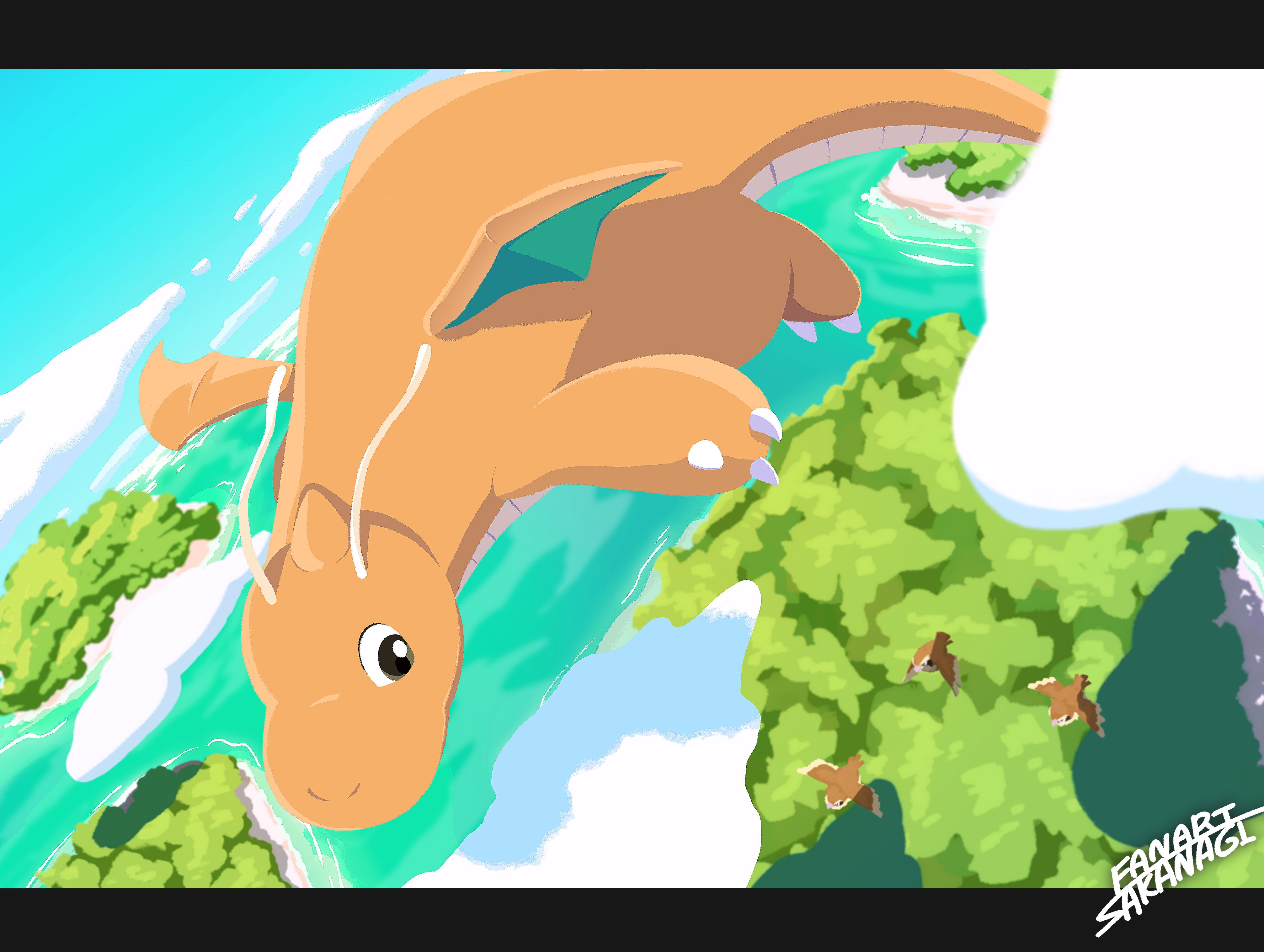 sakanagi (a r co), dragonite, pidgey, nintendo, pokemon, absurdres, highres, antennae, bird, blue sky, claws, cloud, colored skin, dragon, flying, gen 1 pokemon, horns, island, no humans, orange skin, outdoors, pokemon (creature), pokemon focus, single horn, sky, tail, tree, wings