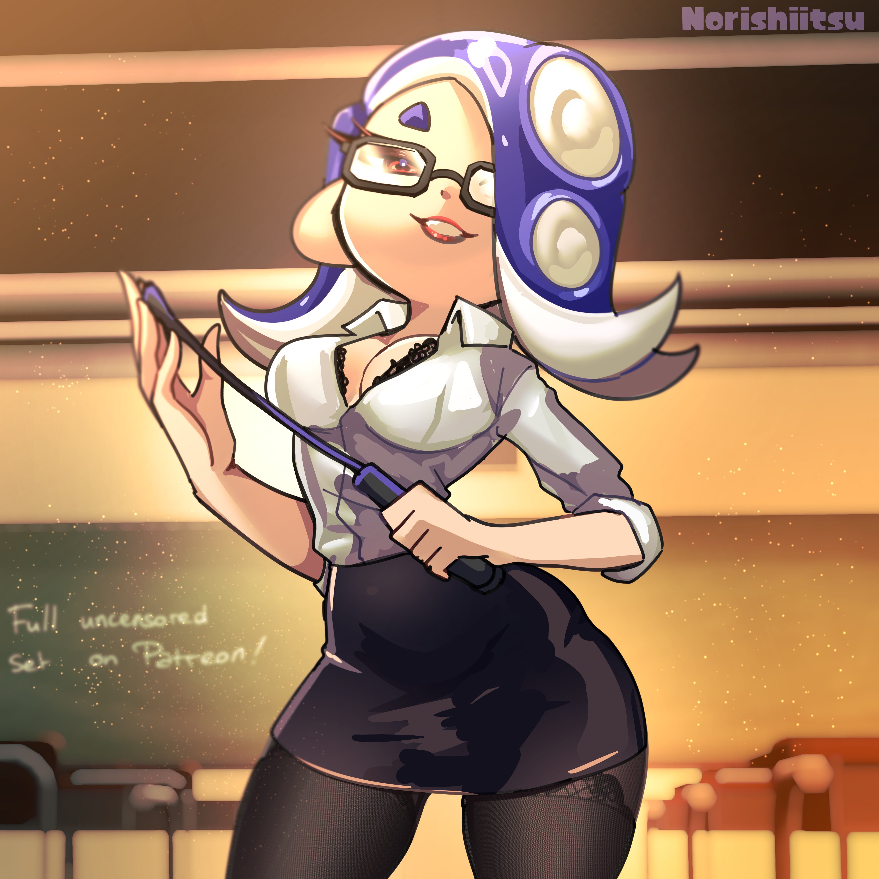 norishiitsu, shiver (splatoon), nintendo, splatoon (series), splatoon 3, 1girl, alternate costume, blue hair, bra, bra peek, breasts, chalkboard, cleavage, cowboy shot, desk, english text, facing viewer, glasses, hair over one eye, lipstick, looking at viewer, makeup, pantyhose, parted lips, pointer, red eyes, school desk, skirt, smile, solo, teacher, tentacle hair, underwear