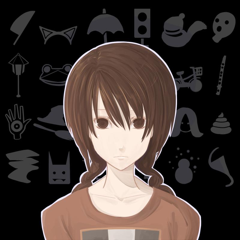 chef no kimagure salad, madotsuki, yume nikki, jpeg artifacts, 1girl, braid, brown eyes, brown hair, close-up, collarbone, female focus, hand eye, mugshot, shirt, solo, t-shirt, twin braids