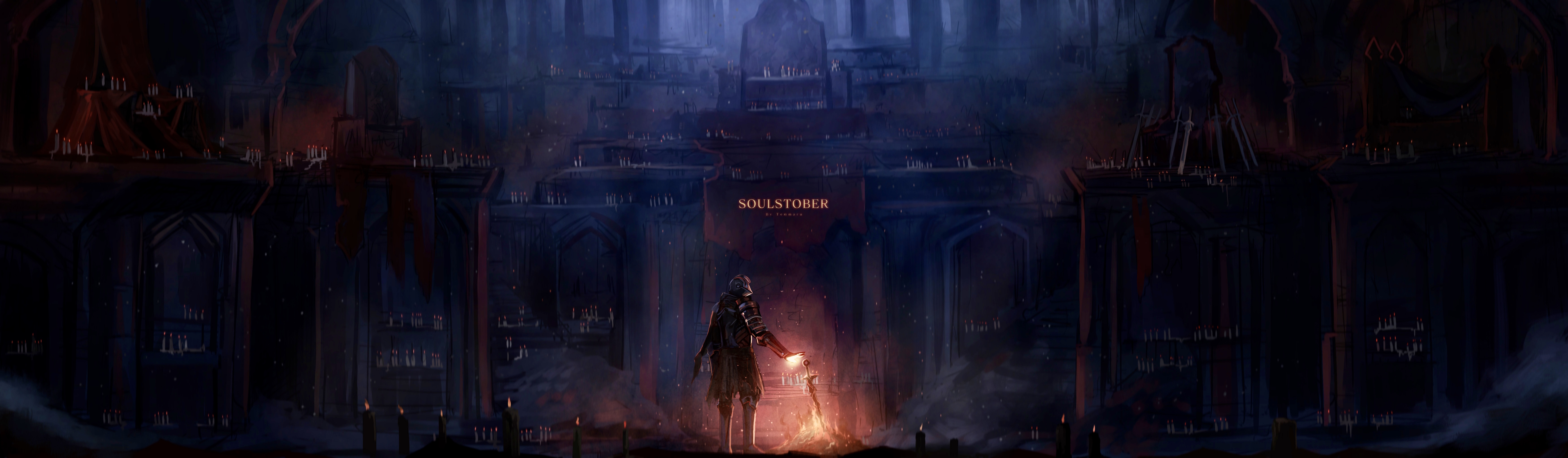 temmaru1, ashen one (dark souls), dark souls (series), dark souls iii, absurdres, commentary, english commentary, highres, 1other, ambiguous gender, armor, bonfire (dark souls), candle, fire, full body, helm, helmet, in-universe location, indoors, knight, other focus, pauldrons, scenery, shoulder armor, solo, standing, sword, throne, weapon, wide shot