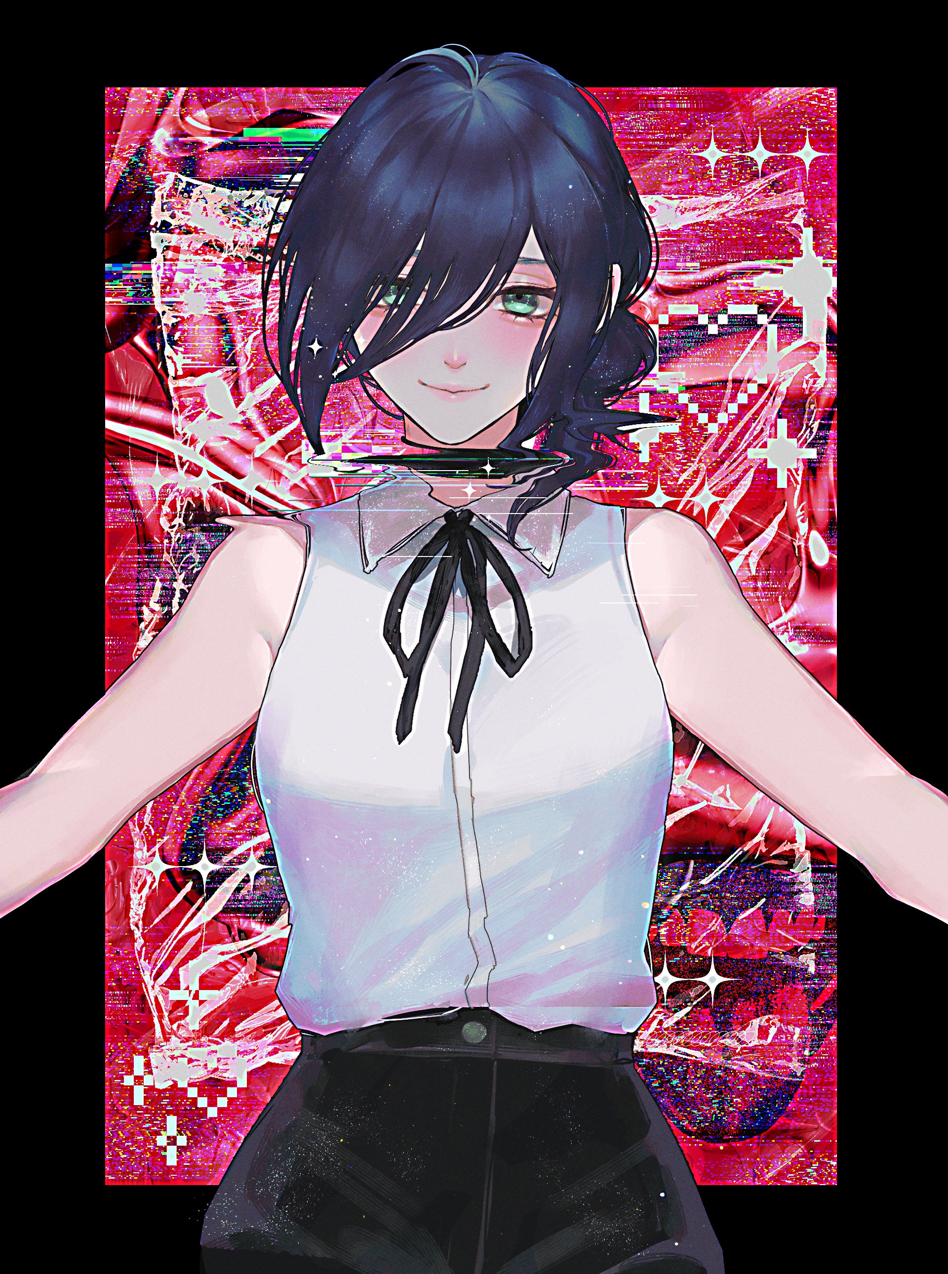 mamaloni, reze (chainsaw man), chainsaw man, absurdres, highres, 1girl, black hair, black ribbon, black shorts, closed mouth, collared shirt, green eyes, looking at viewer, neck ribbon, ribbon, severed head, shirt, shirt tucked in, shorts, sleeveless, sleeveless shirt, smile, solo, white shirt