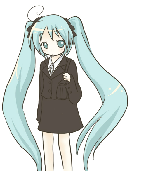 sakuramori sumomo, hatsune miku, vocaloid, 1girl, ahoge, aqua eyes, aqua hair, business suit, female focus, formal clothes, long hair, simple background, solo, suit, twintails