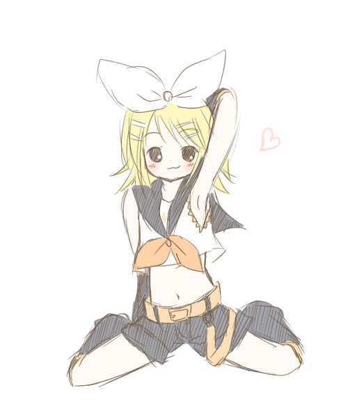 sakuramori sumomo, kagamine rin, vocaloid, armpits, blonde hair, hair ribbon, midriff, ribbon, short hair, sketch, solo