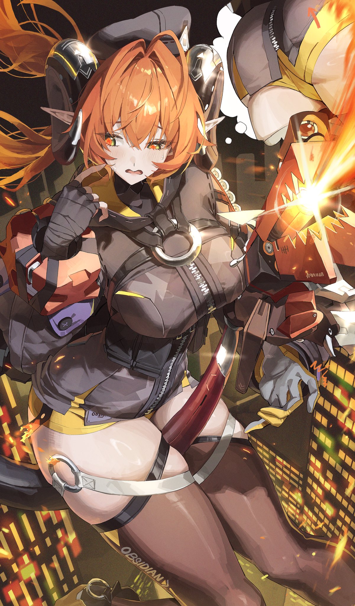netural, magus (zenless zone zero), orphie magnusson, zenless zone zero, commentary, highres, symbol-only commentary, 1girl, ass, asymmetrical gloves, beret, black dress, black gloves, black hat, black thighhighs, blush, breasts, clothes writing, dress, fingerless gloves, gloves, hair between eyes, hat, hood, hood down, hooded dress, horns, large breasts, long hair, long pointy ears, mechanical horns, mechanical tail, mismatched gloves, open mouth, orange hair, pointy ears, red pupils, short shorts, shorts, single fingerless glove, speech bubble, sweatdrop, tail, thighhighs, thighs, thought bubble, upskirt, very long hair, yellow eyes, yellow gloves, yellow shorts