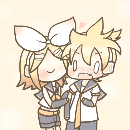 sakuramori sumomo, kagamine len, kagamine rin, vocaloid, lowres, 1boy, 1girl, blonde hair, blush, brother and sister, chibi, hair ribbon, hetero, kiss, kissing cheek, ribbon, short hair, siblings, twins
