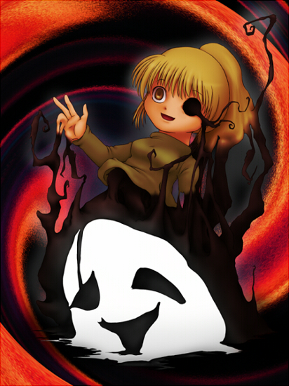 poniko, uboa, yume nikki, blonde hair, chibi, ponytail, raised eyebrows, shadow