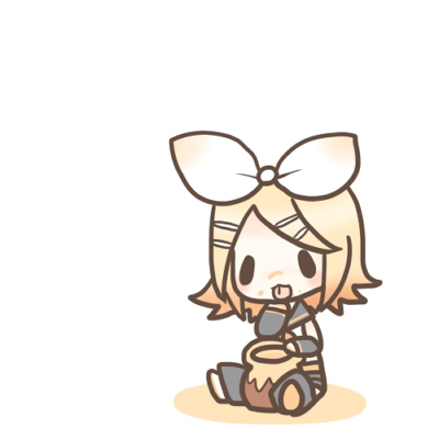 sakuramori sumomo, kagamine rin, vocaloid, winnie the pooh, lowres, :3, :p, blonde hair, chibi, hair ribbon, honey, honeypot, licking, parody, ribbon, short hair, simple background, solo, tongue, tongue out, white background