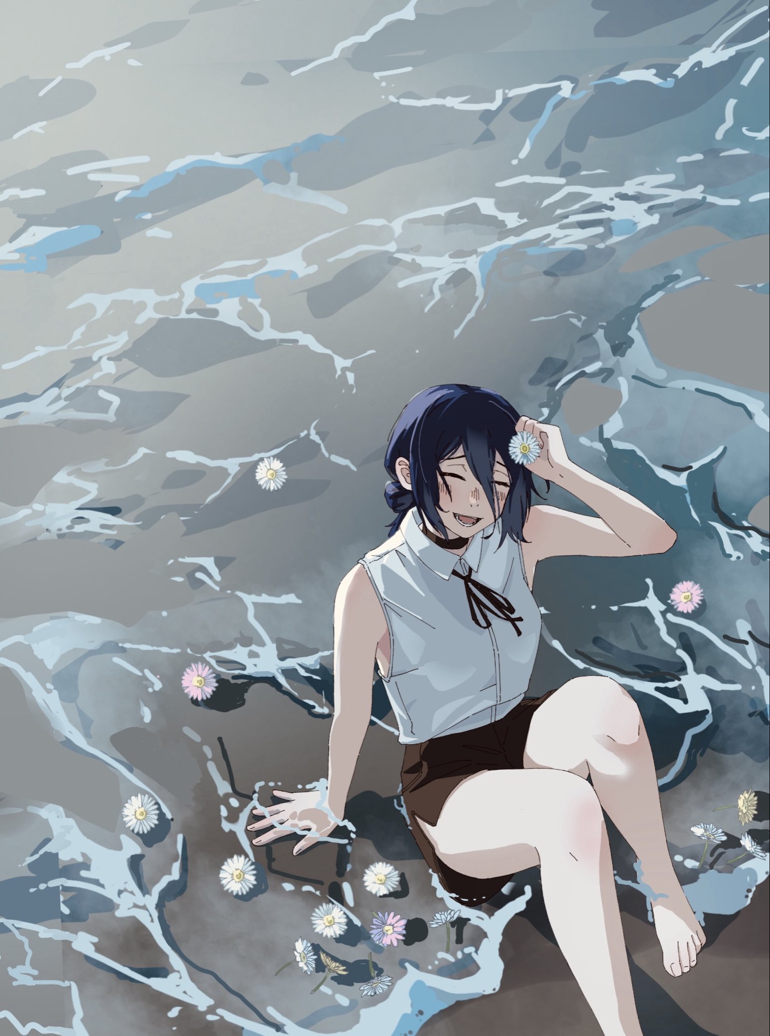 vzkxgpijofuhnc7, reze (chainsaw man), chainsaw man, highres, 1girl, barefoot, beach, black choker, black ribbon, black shorts, blue hair, choker, closed eyes, collared shirt, feet, flower, grey shirt, hair between eyes, hair bun, knees up, neck ribbon, on ground, open mouth, pink flower, ribbon, sand, shirt, shorts, sleeveless, sleeveless shirt, solo, water, white flower