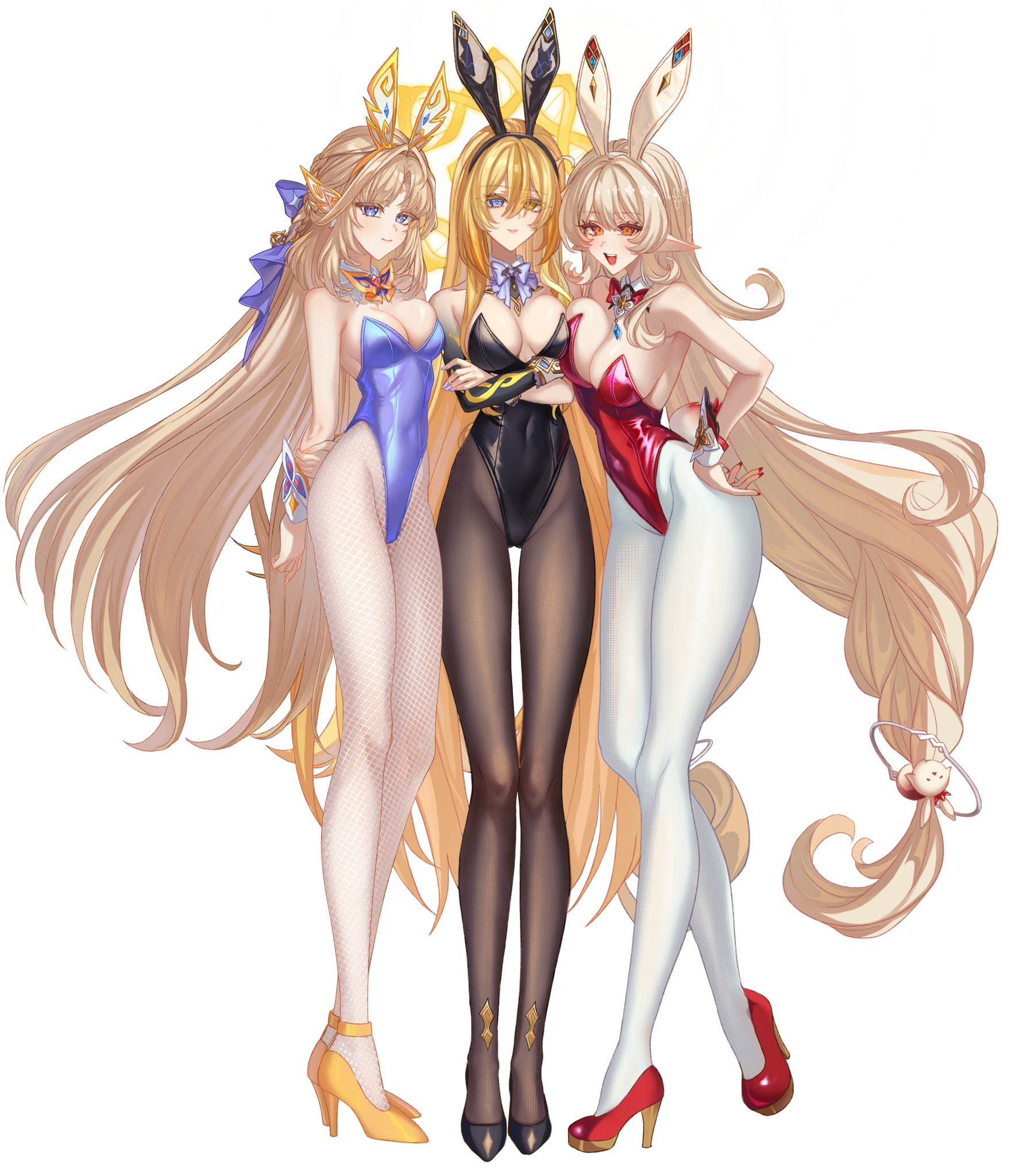 boin burin, alice (genshin impact), nicole reeyn, rhinedottir (genshin impact), genshin impact, highres, 3girls, animal ears, black leotard, black pantyhose, black shoes, blonde hair, blue eyes, bow, bowtie, breasts, brown eyes, covered navel, crossed arms, detached collar, fake animal ears, full body, heterochromia, high heels, large breasts, legs, leotard, long hair, long legs, looking at viewer, multiple girls, pantyhose, playboy bunny, pointy ears, purple bow, purple bowtie, rabbit ears, red bow, red bowtie, red leotard, red shoes, shoes, simple background, strapless, strapless leotard, very long hair, white background, white pantyhose, wrist cuffs, yellow eyes