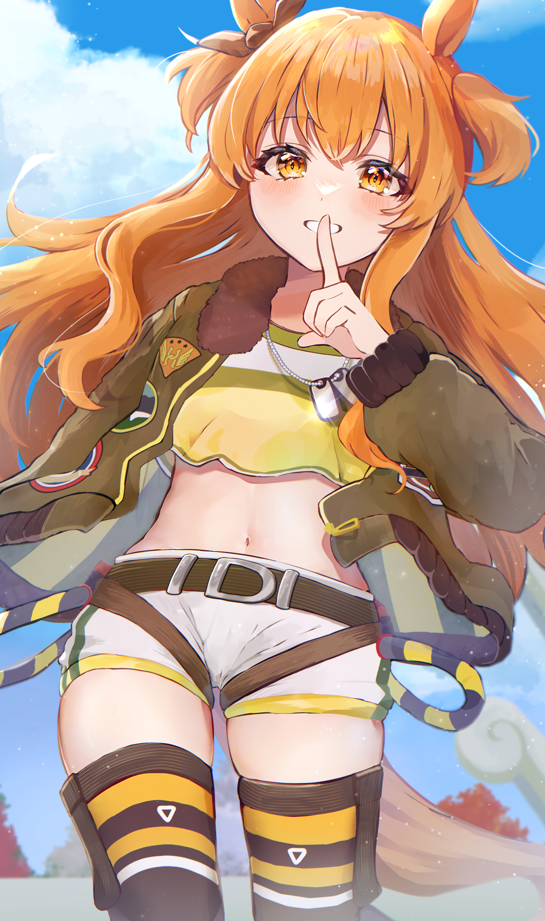mimuta, mayano top gun (scramble zone) (umamusume), mayano top gun (umamusume), umamusume, absurdres, commentary, commentary request, english commentary, highres, mixed-language commentary, partial commentary, 1girl, animal ears, belt, blush, bomber jacket, bow, breasts, brown belt, brown ribbon, cloud, cowboy shot, crop top, dog tags, ear bow, ear ribbon, finger to mouth, green jacket, grin, horse ears, horse girl, horse tail, jacket, long hair, long sleeves, looking at viewer, navel, open clothes, open jacket, orange eyes, orange hair, orange tail, outdoors, ribbon, shorts, sky, small breasts, smile, solo, tail, two side up, white shorts