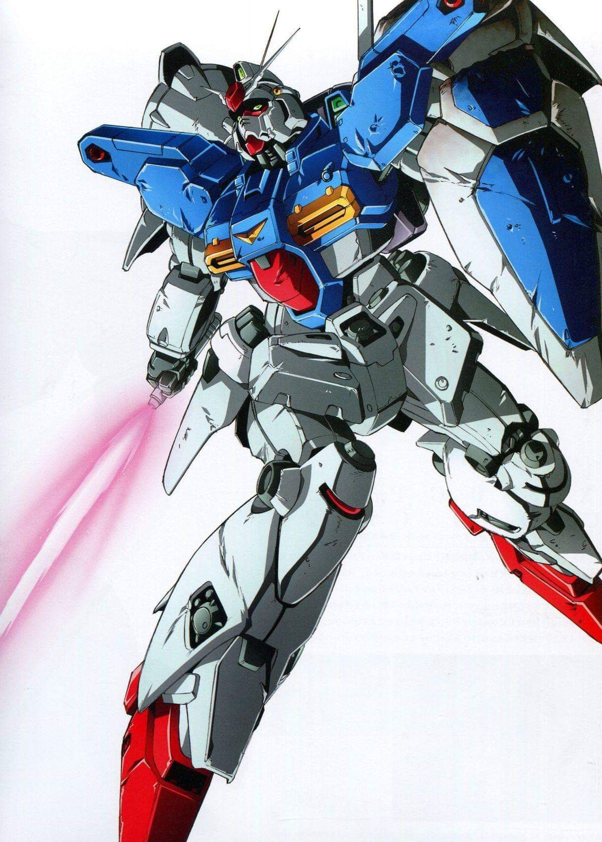 katoki hajime, gundam gp-03 stamen, gundam, gundam 0083, highres, official art, promotional art, scan, traditional media, 1990s (style), damaged, dirty, earth federation, energy beam, energy sword, glowing, green eyes, machinery, mecha, mecha focus, mobile suit, no humans, retro artstyle, robot, science fiction, shield, sword, v-fin, weapon
