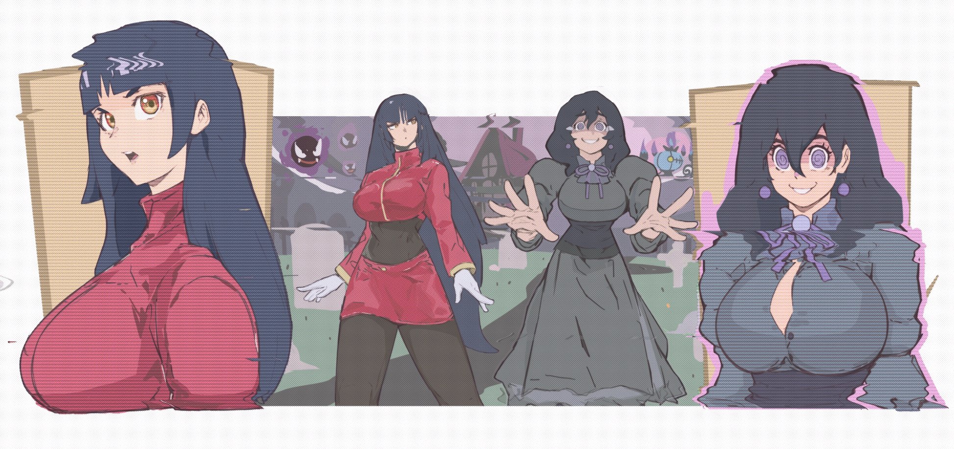 michel teru, chandelure, gastly, hex maniac (pokemon), hex maniac (pokemon legends: z-a), sabrina (pokemon), nintendo, pokemon, pokemon frlg, pokemon legends: z-a, highres, 1girl, black corset, black dress, black hair, breasts, corset, dress, earrings, gen 1 pokemon, gen 5 pokemon, hair between eyes, implied transformation, jewelry, juliet sleeves, large breasts, long hair, long sleeves, open mouth, outdoors, outline, pink outline, puffy sleeves, purple eyes, scanlines, smile, static, wide-eyed